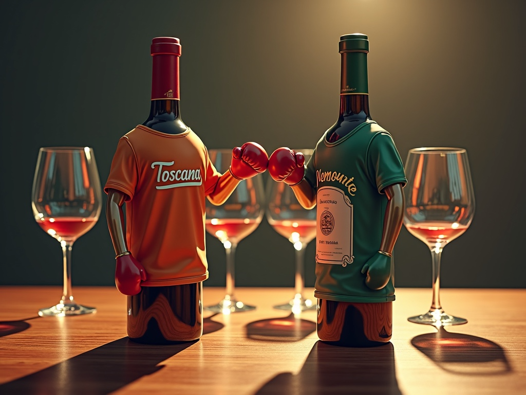Tuscany vs Piedmont wine comparison illustrated with boxing wine bottles and glasses.