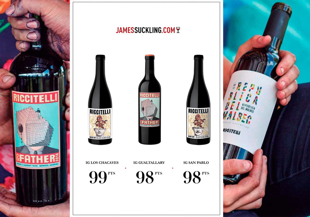 Argentinian Malbec wine flavors with Riccitelli wines and ratings shown in a colorful display.