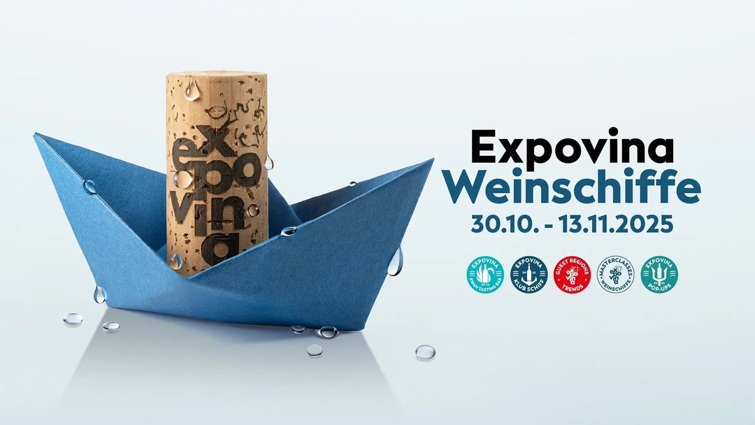 Expovina Zurich wine event with a cork in a paper boat against a light background, promoting the wine festival.