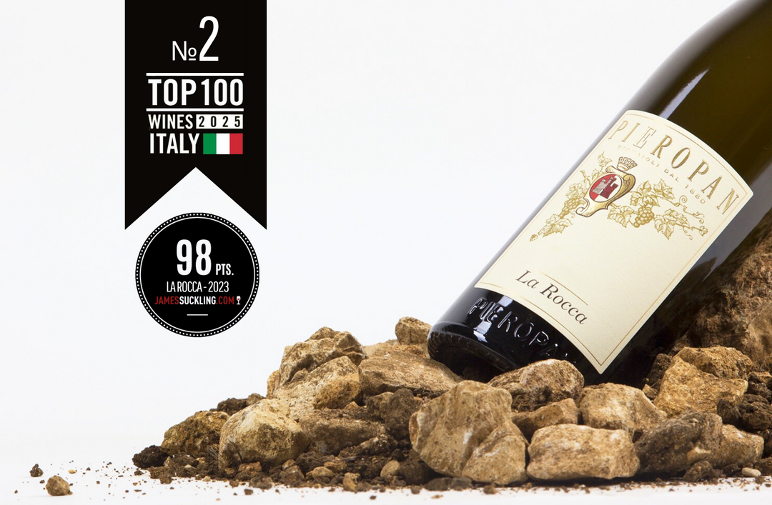 Pieropan La Rocca 2023 top Italian wine displayed with top 100 wines Italy badge and 98 points rating.