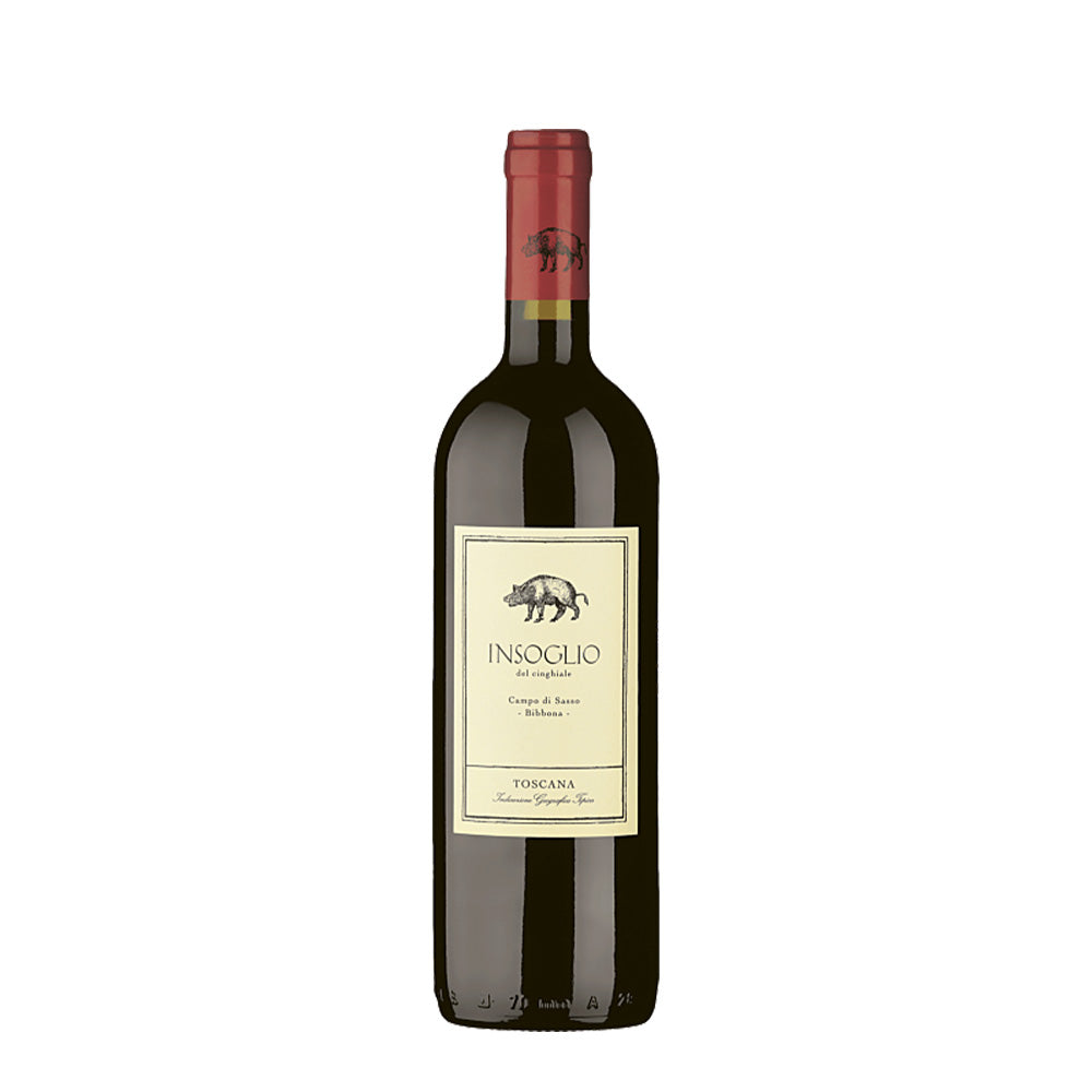 Insoglio del Cinghiale wine Tuscany bottle from Tenuta di Biserno with a wild boar label design.