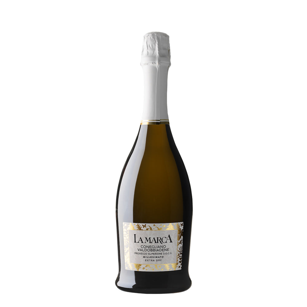 Bottle of La Marca Conegliano Valdobbiadene Prosecco Superiore DOCG Millesimato Extra Dry, showcasing fine sparkling wine.