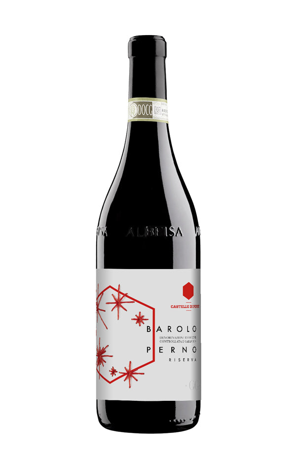 Castello di Perno Barolo Riserva 2018 wine bottle showcasing elegant label design.